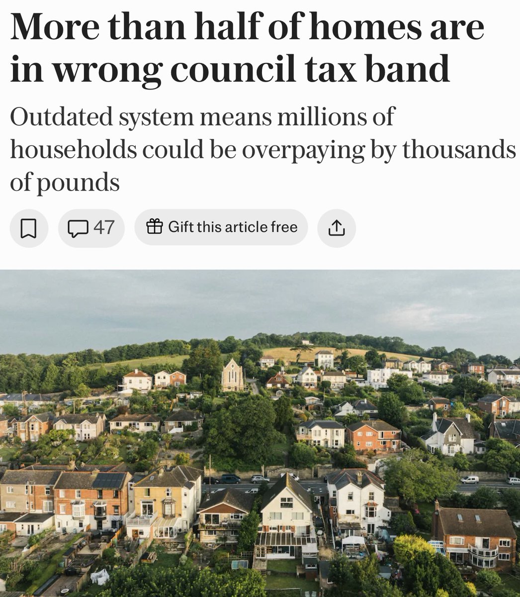 FairerShare's tweet photo. It's outrageous that over half of homes are in the wrong Council Tax band - still taxed as if it’s 1991. Families in Burnley pay TEN TIMES more, proportionally, than those in Westminster.

Revaluation won’t fix this. We need our fair, modern Proportional Property Tax implemented. https://t.co/w7Y296XTSi