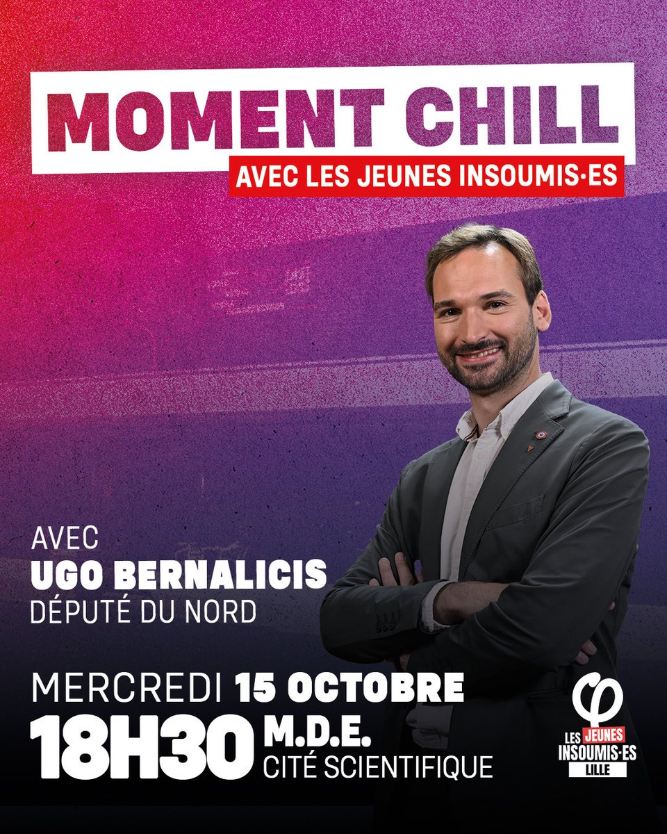 🔥Envie de dégager Macron, Lecornu et l’extrême droite mais tu n’as jamais osé te lancer ? C’est le moment !  

✊Venez rencontrer Ugo Bernalicis et les Jeunes insoumis•es de Lille autour d’un moment chill. 

🗓️ RDV à la MDE de cité scientifique ce mercredi 15 octobre à 18h30 !