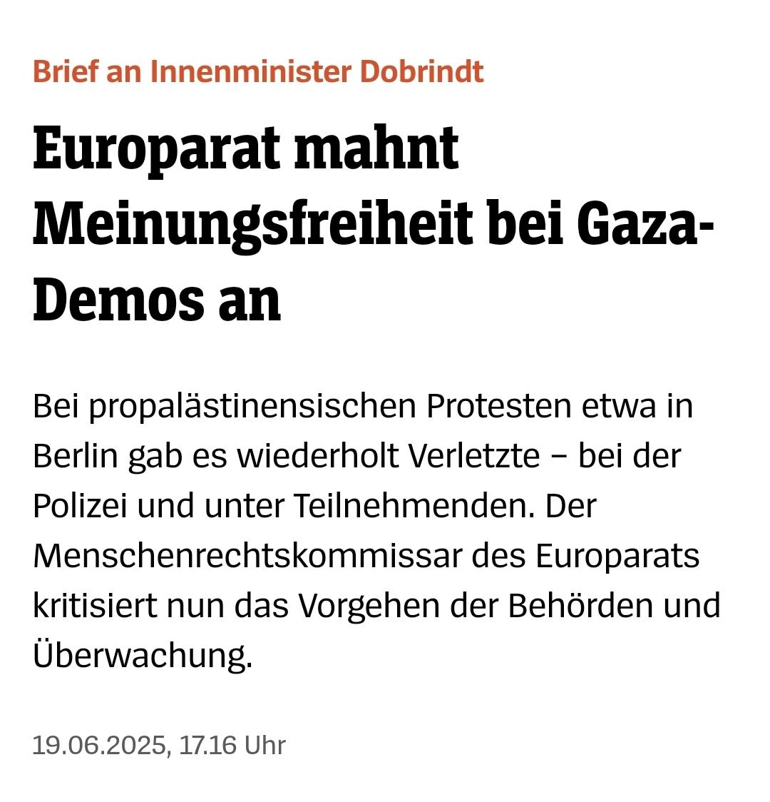 Özlem Alev Demirel (@oezlemademirel) on Twitter photo Bereits im Sommer hatte der Menschenrechtskommissar des Europarats (nicht der EU!), Michael O’Flaherty, Deutschland wegen zunehmender Repressionen und Polizeigewalt, insbesondere gegen pro-palästinensische Demonstrationen, ermahnt. Seitdem hat sich die Situation nicht verbessert Bereits im Sommer hatte der Menschenrechtskommissar des Europarats (nicht der EU!), Michael O’Flaherty, Deutschland wegen zunehmender Repressionen und Polizeigewalt, insbesondere gegen pro-palästinensische Demonstrationen, ermahnt. Seitdem hat sich die Situation nicht verbessert