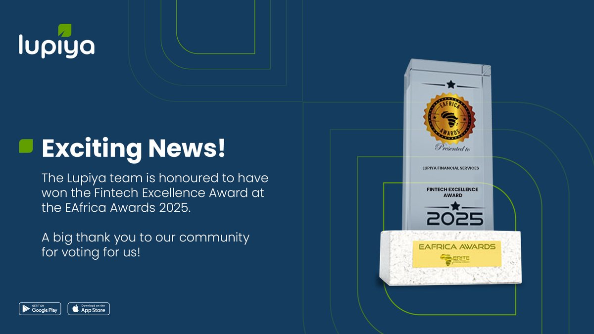 We did it!
 
The Lupiya Team is honoured to announce that we’ve won the Fintech Excellence Award at the #EAfrica2025 Awards! 

This win is more than just an award, it’s a celebration of our mission to make finance accessible.
 
#LupiyaMoneyMoves #EAfricaAwards2025