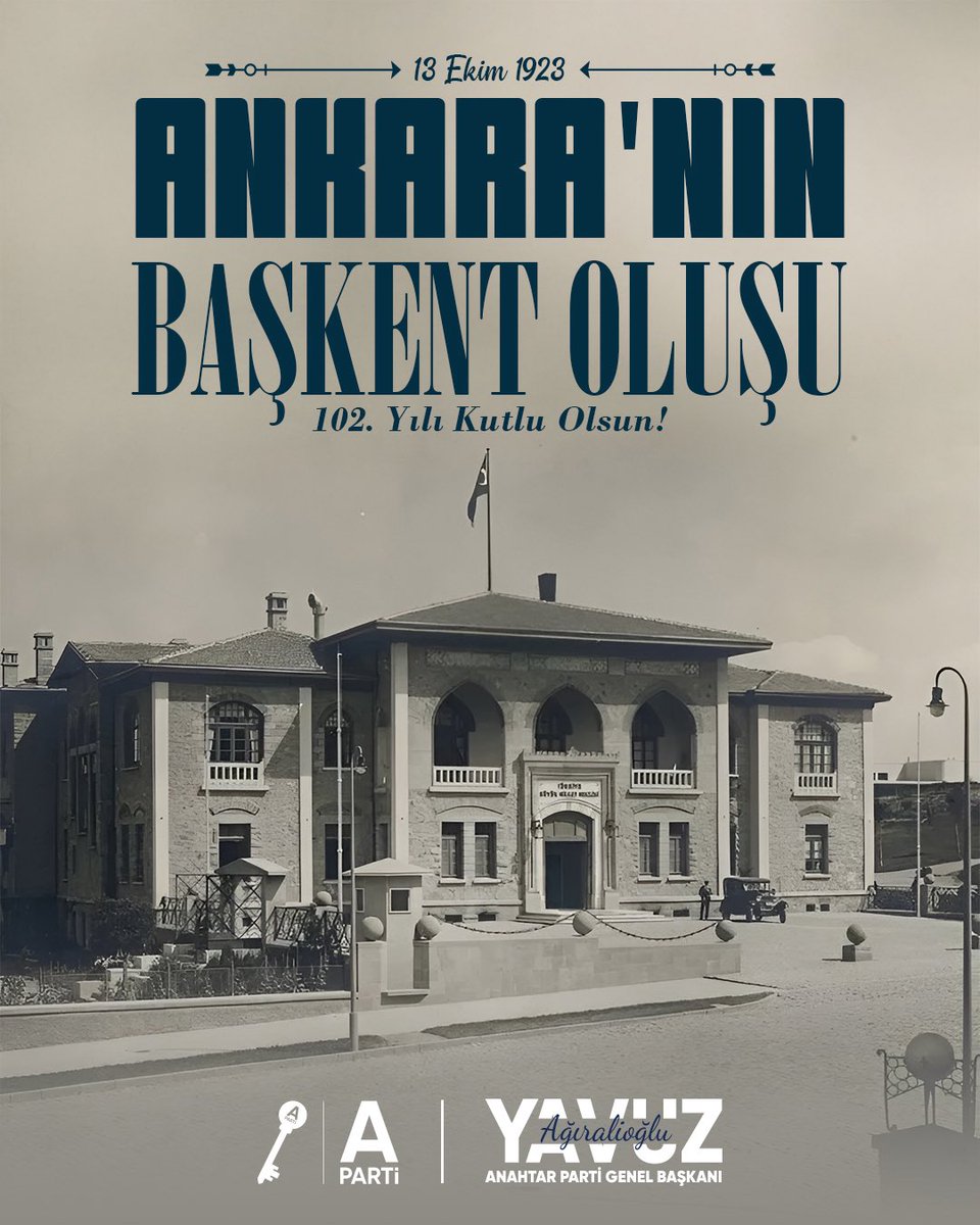 Ankara, milletimizin istiklâl yürüyüşünde sığındığı karargâhtı.
13 Ekim 1923’te sadece bir şehir değil, millet iradesinin kalbi başkent oldu.

Cumhuriyetimizin vicdanı Ankara’nın başkent oluşunu gururla kutluyor; Gazi Mustafa Kemal Atatürk ve tüm kahramanlarımızı minnetle