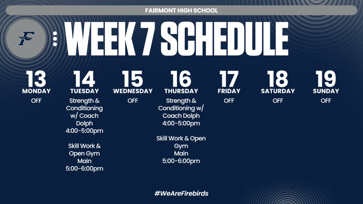 FairmontGB's tweet photo. Week 7! It is HOMECOMING WEEKEND! We are in the gym two times this week. We must continue to fill the bucket!
#WeAreFirebirds
#NewGroups https://t.co/JqQHBXfLjM