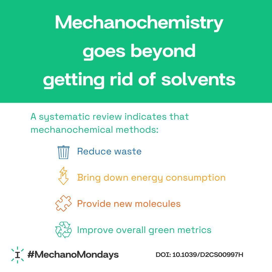Mechanochemistry is more than getting rid of solvents 💧 It provides better yields, more efficient use of resources and access to new chemistry. This #MechanoMondays is dedicated to green metrics and a systematic review published by our team: buff.ly/XNq7x0l