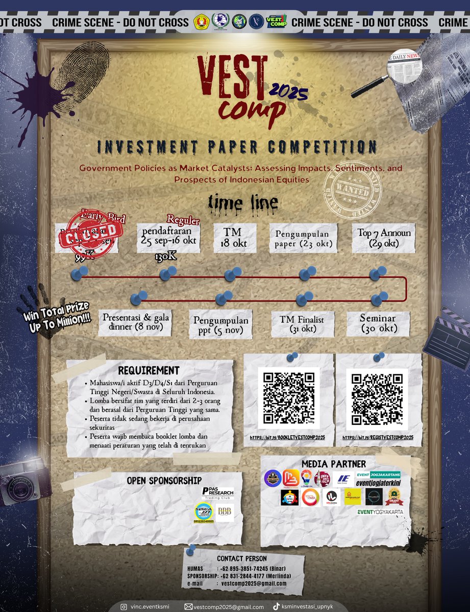KSMI: VETERAN INVESTMENT COMPETITION 2025
Tanggal: 23 Oktober - 8 November 2025

Link pendaftaran: bit.ly/RESGISTRASIVES…

👤 0895385174245 (Binar)