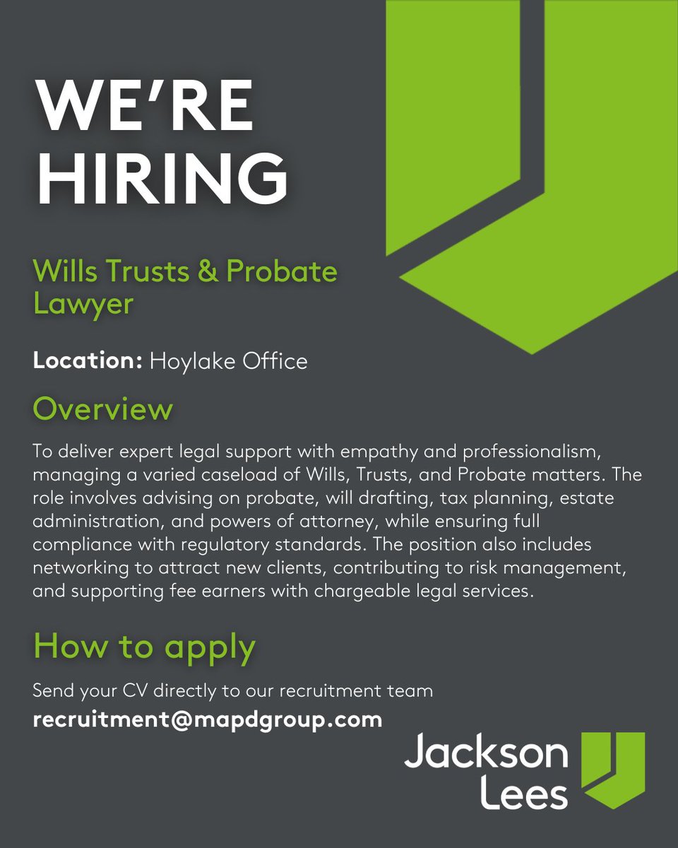 🏛️ We’re hiring! 🏛️

Join us as a Wills, Trusts &amp; Probate Lawyer at Jackson Lees.

If you're empathetic, organised &amp; ready to deliver expert legal support, we’d love to hear from you.

Contact Sarah Murray or email: recruitment@mapdgroup.com

#LegalJobs #JacksonLees