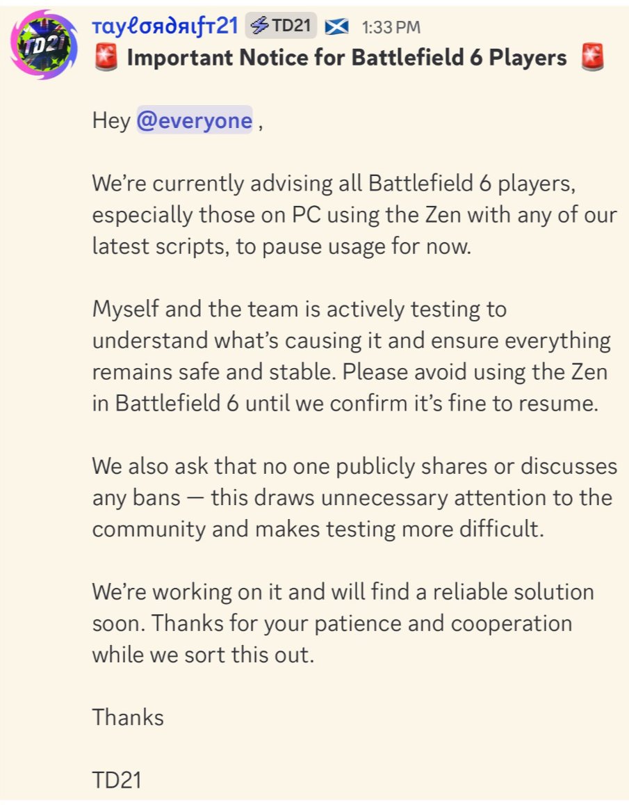 Se confirma que #Battlefield6 esta baneando a todos los que usan Cronus Zen.

EL creador del mismo pide que nadie comparta que le han baneado para no llamar la atencion.

En realidad lo dice para no perder clientes.