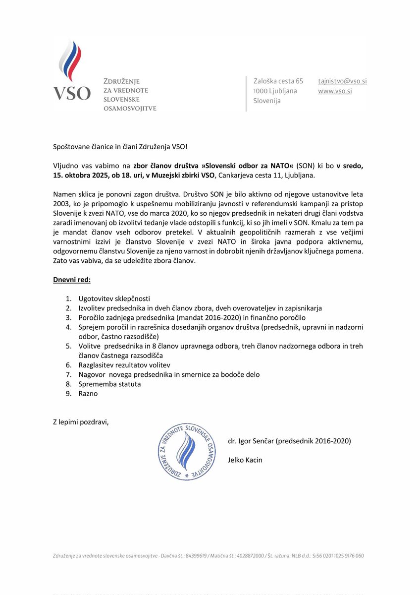 Vabimo na zbor članov "Slovenskega odbora za NATO", ki jo v sredo, 15. oktobra ob 18. uri v Muzejski zbirki VSO, Cankarjeva cesta 11, Ljubljana.