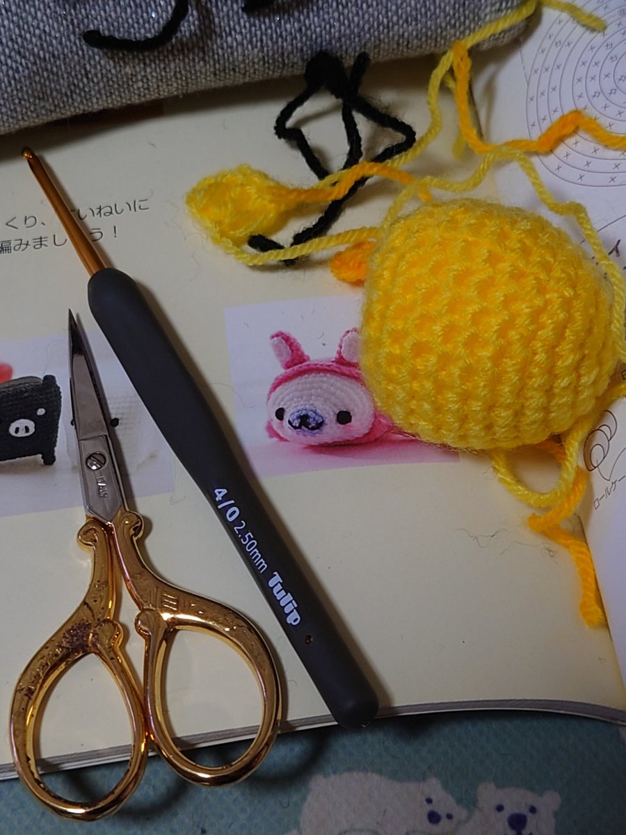 今作っている編み物からクイズ🧶🪡
何を作ってるでしょうか？
使っている色は画面に写っている糸で少なめです🧵
本も仲間なので少しヒントになるかな💡
 #編み物好きさんと繋がりたい
