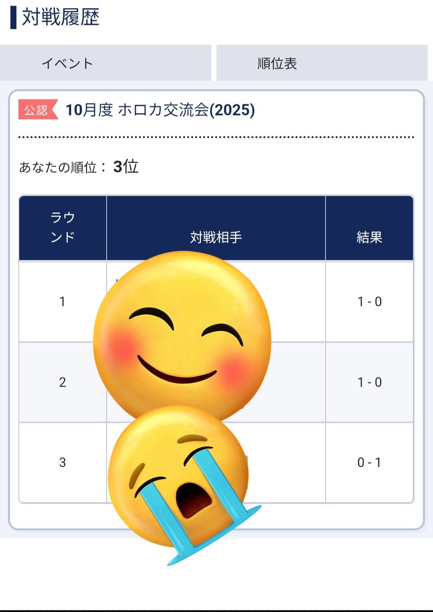 初めてのホロカ交流会参加！✨
かなたお姉ちゃん推しのそらロボ！
結果は2勝1敗…！(っω<。)
        ぼたん単〇
        ころね単〇
        ネリッサ単 × 
対戦相手の皆とっても優しくて
効果説明とかもしてくれて
楽しかった！\( ˙꒳​˙ \三/ ˙꒳​˙)/
これから大会とかいろいろ出てみる！