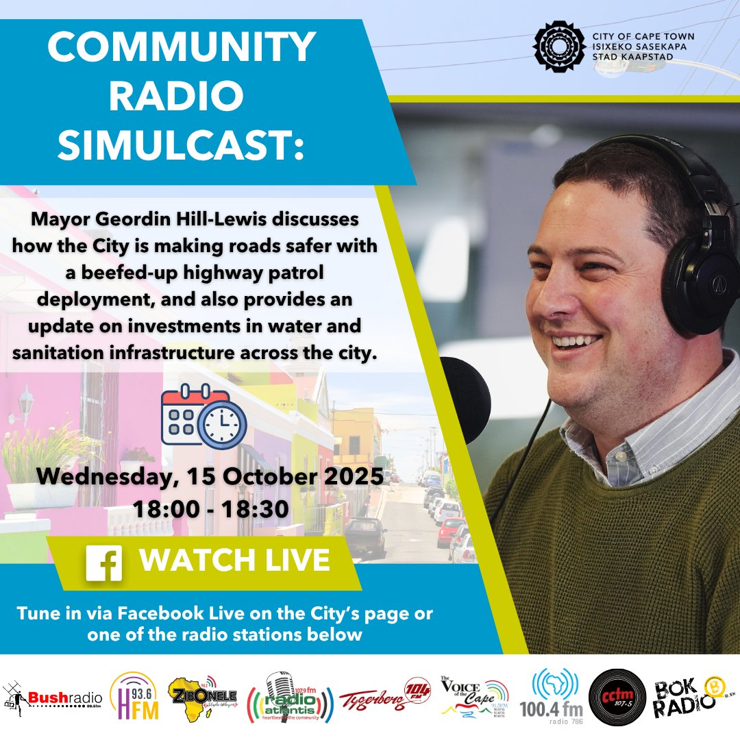 CityofCT's tweet photo. Tune in on Wednesday, 15th October at 18:00 as Mayor Geordin Hill-Lewis discusses how the City is making roads safer with a beefed-up highway patrol deployment, and also provides an update on investments in water and sanitation infrastructure across the city. https://t.co/FAygPv9okt
