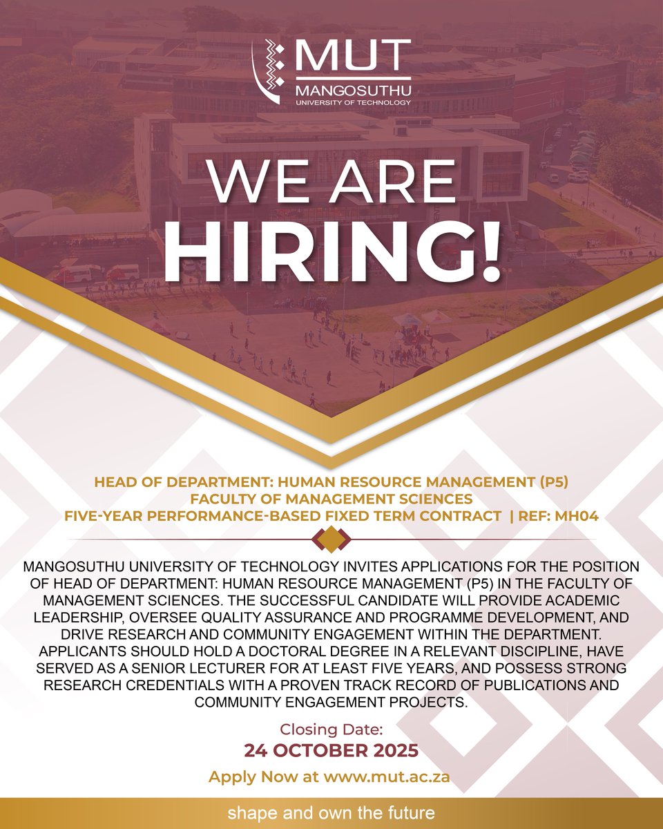 HEAD OF DEPARTMENT: HUMAN RESOURCE MANAGEMENT (P5) Faculty of Management Sciences | Ref: MH04

Five-Year Performance-Based Fixed Term Contract

Lead the Department of Human Resource Management through strategic planning, academic leadership, programme development, and research
