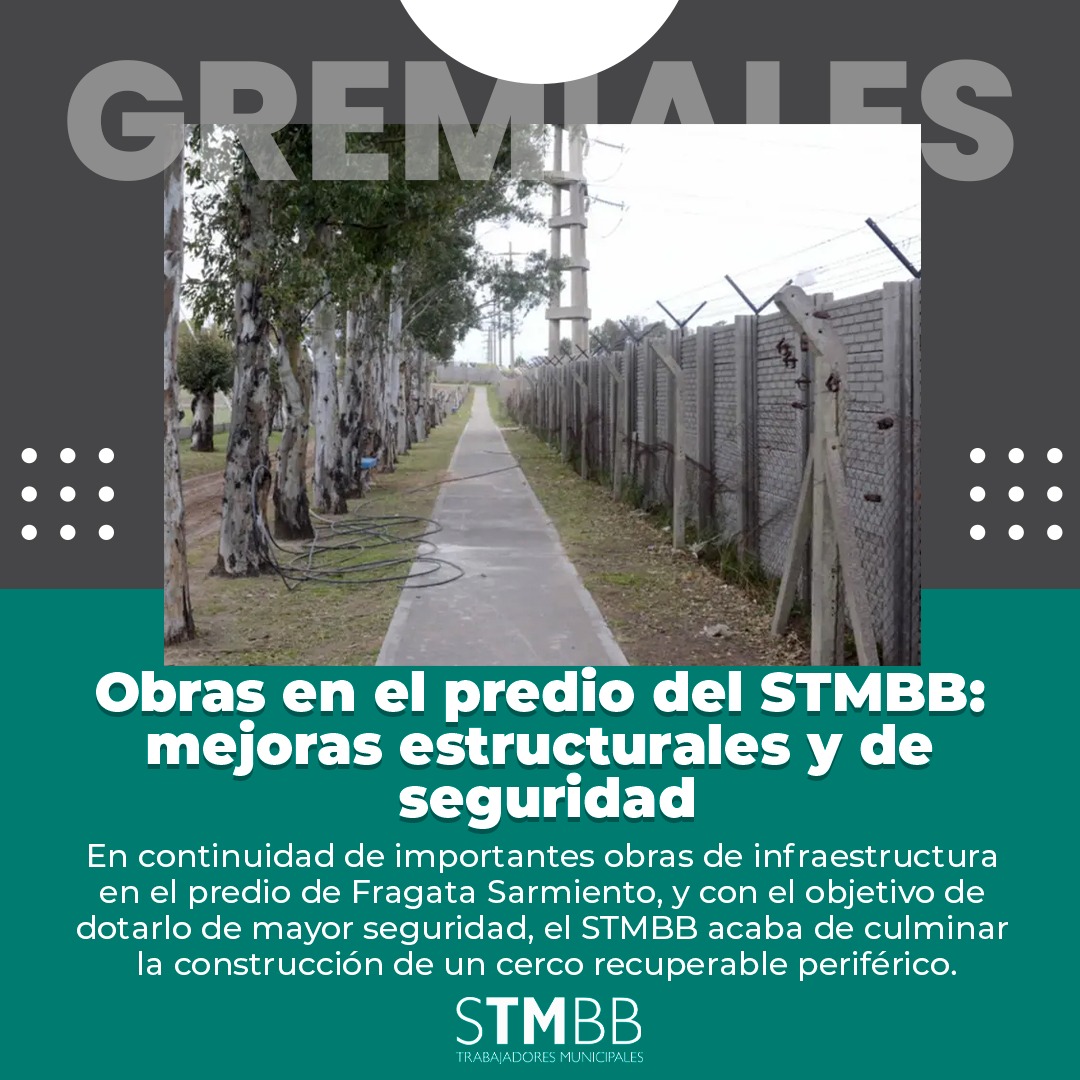 💡 #NoticiasGremiales

✍️ Obras en el predio del STMBB: mejoras estructurales y de seguridad
Se terminó de construir un cerco recuperable periférico, que da al parque Campaña del Desierto y a la calle Ramón y Cajal.

<a href="/Aguero_M_A/">Miguel A Agüero</a>