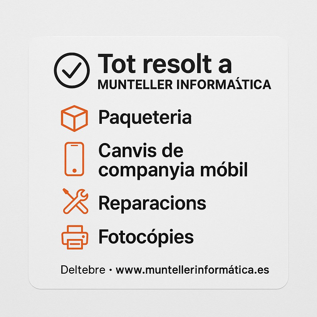 JMunteller's tweet image. ✅ Tot resolt a MUNTELLER INFORMÀTICA (Deltebre)
📦 Paqueteria · 📱 Canvis de companyia · 🛠️ Reparacions · 🖨️ Fotocòpies
👉 muntellerinformatica.es
