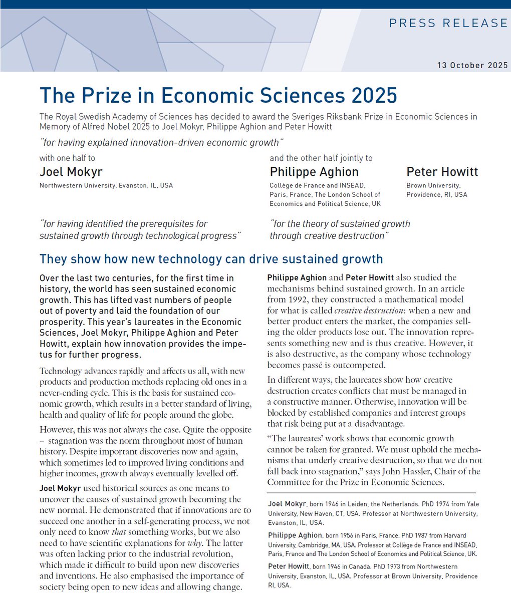 Resumen sobre el Premio Nobel de Economía 2025 para Philippe Aghion (Collège de France &amp; INSEAD), Peter Howitt (Brown) y Joel Mokyr (Northwestern) por sus estudios sobre el impacto del progreso técnico, la destrucción creativa y la innovación en el crecimiento económico.