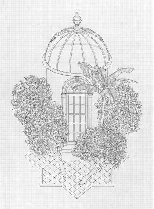 #これがこうなるから主線なしは好き 色鉛筆の作品は、いつも別の紙に下図を描いています。 建物などの人工的なものはAdobe Illustratorで作ったガイドを薄く印刷して、その上から鉛筆で細部の形や植物を描き込んでいきます