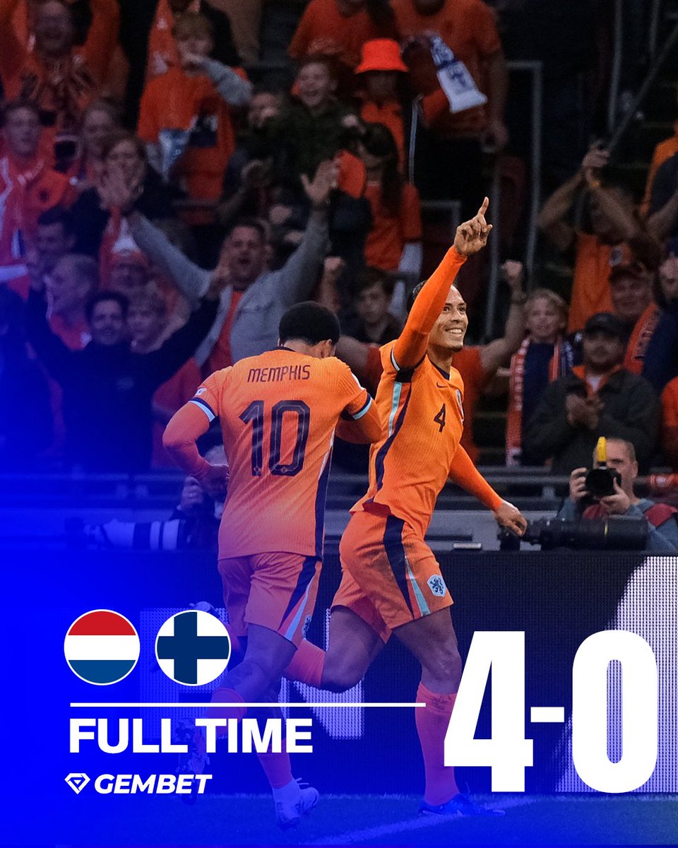 GemBet88's tweet image. 🇳🇱 The Netherlands are flying high!

They strengthened their grip on Group G with another commanding 4-0 win over Finland in Amsterdam. Their confidence growing with every match 👀✨

#FIFAWorldCup | #WorldCupQualifiers | #Netherlands