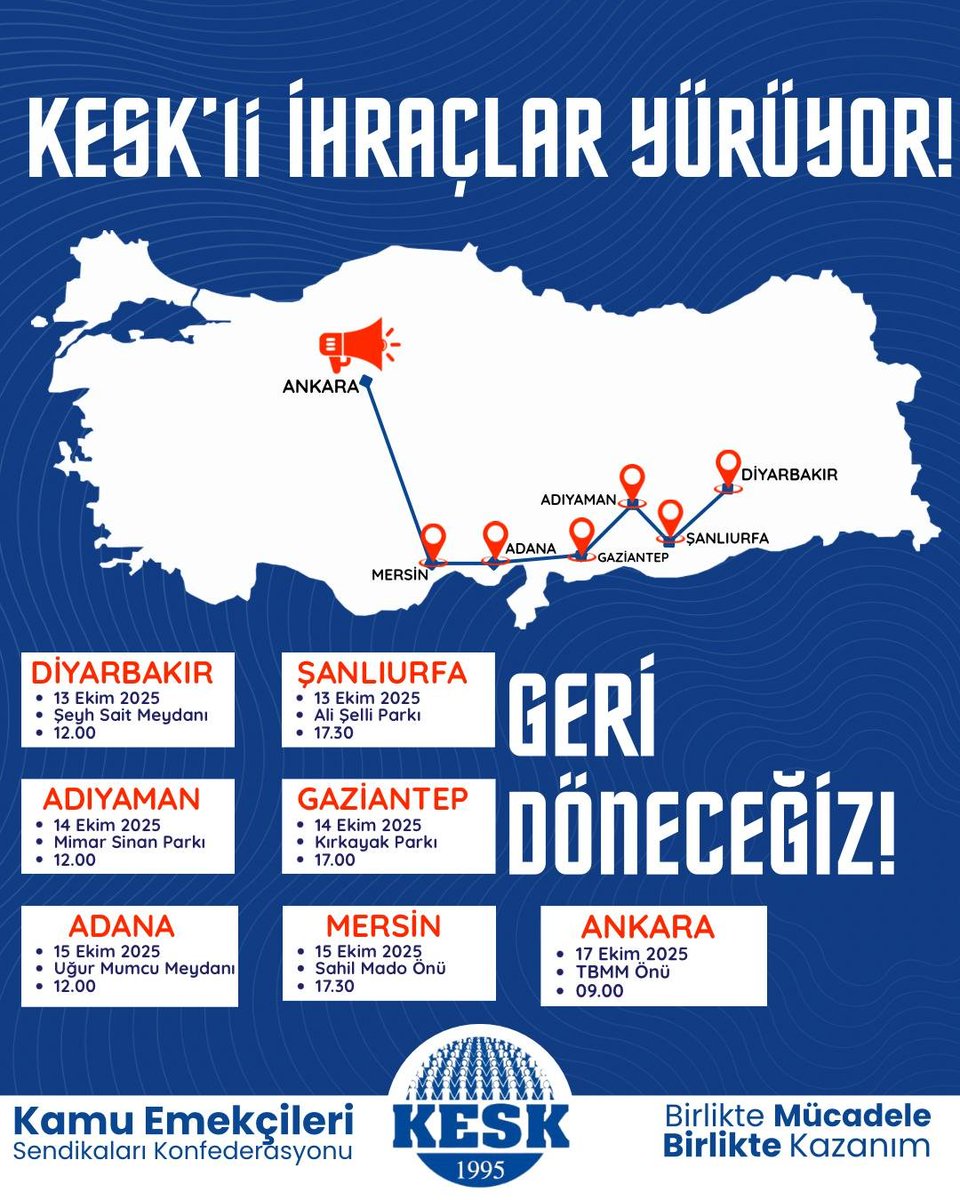 kesk international (@kesk_int) on Twitter photo As part of the campaign, #KESK will be organising public gatherings in 7 cities. The final public gathering will be in front of the Parliament in Ankara, the capital, on the 17th October.
<a href="/KESK1995/">KESK</a> <a href="/BTSGENELMERKEZ/">BTS Genel Merkezi</a> <a href="/KESKHaberSen/">HABER-SEN</a> <a href="/tumbelsen/">TÜM BEL-SEN</a> <a href="/yapiyolsen_06/">Yapı-Yol Sen Ankara</a> <a href="/ituc/">ITUC</a> <a href="/etuc_ces/">EUROPEAN TRADE UNIONS</a> <a href="/iloankara/">ILO Türkiye</a> As part of the campaign, #KESK will be organising public gatherings in 7 cities. The final public gathering will be in front of the Parliament in Ankara, the capital, on the 17th October.
<a href="/KESK1995/">KESK</a> <a href="/BTSGENELMERKEZ/">BTS Genel Merkezi</a> <a href="/KESKHaberSen/">HABER-SEN</a> <a href="/tumbelsen/">TÜM BEL-SEN</a> <a href="/yapiyolsen_06/">Yapı-Yol Sen Ankara</a> <a href="/ituc/">ITUC</a> <a href="/etuc_ces/">EUROPEAN TRADE UNIONS</a> <a href="/iloankara/">ILO Türkiye</a>