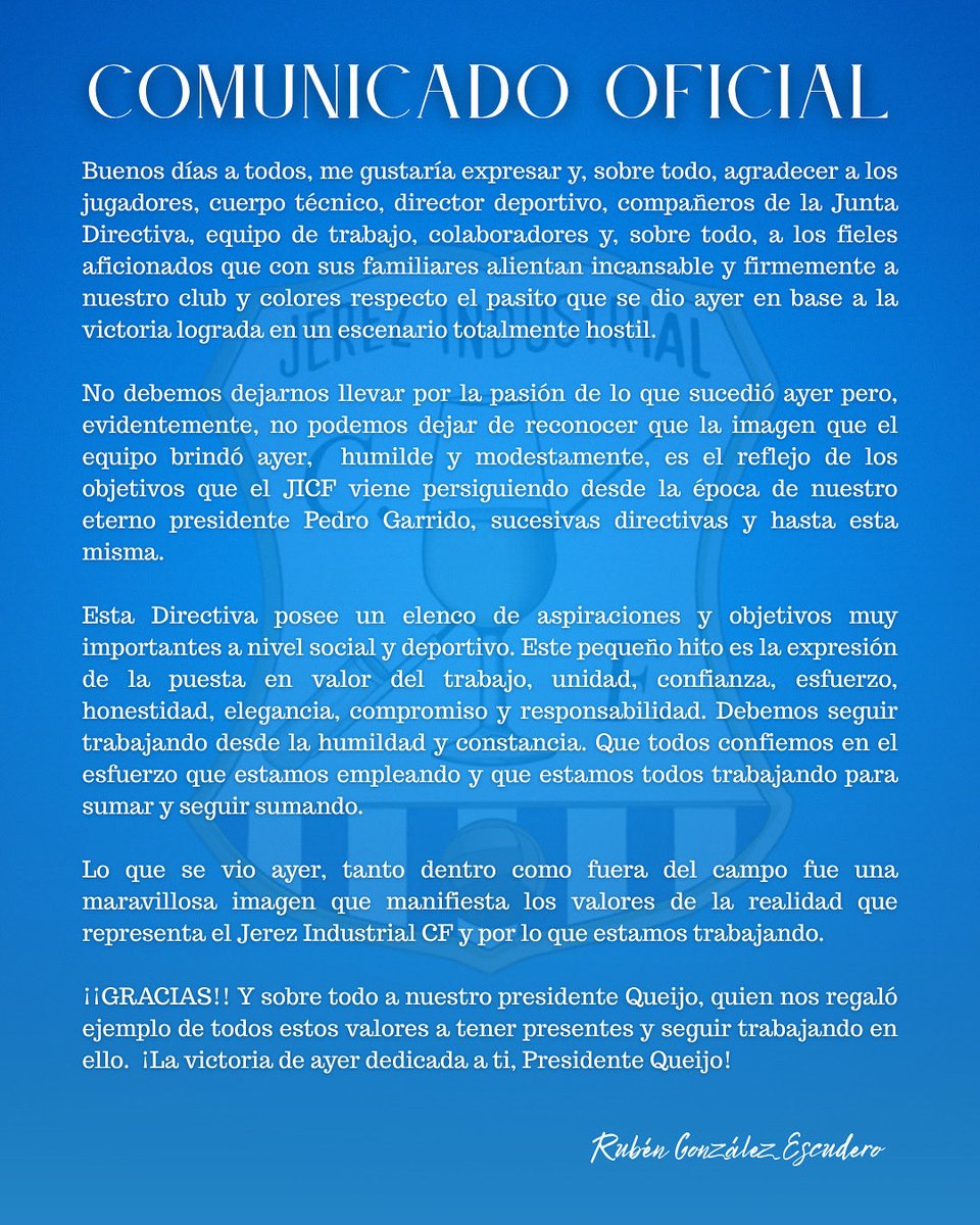Jerez Industrial C.F. (@jerezind_cf) on Twitter photo π΅ | ππππππππππ ππ
πππππ
Nuestro presidente, ha querido compartir unas palabras tras la importante victoria de ayer, dedicando el triunfo a nuestro eterno presidente Queijo y destacando el compromiso, la unidad y los valores que representan al Jerez Industrial. π΅ | ππππππππππ ππ
πππππ
Nuestro presidente, ha querido compartir unas palabras tras la importante victoria de ayer, dedicando el triunfo a nuestro eterno presidente Queijo y destacando el compromiso, la unidad y los valores que representan al Jerez Industrial.