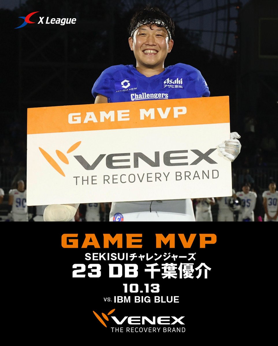 𝐆𝐀𝐌𝐄 𝐌𝐕𝐏 👑

ゲームMVPにはSEKISUIチャレンジャーズの千葉 優介選手が選出されました！

MVPの選手には株式会社ベネクス様からリカバリー商品が贈られます。おめでとうございます🎉

#アメフト #Xリーグ #xleague