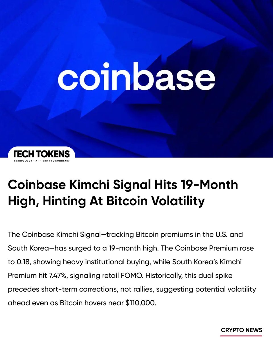 Techtoken_in's tweet image. The Coinbase Kimchi Signal just hit a 19-month high — a rare clash of U.S. institutional buying and Korean retail FOMO. History says volatility follows.
techtokens.in/coinbase-kimch…
#Bitcoin #CryptoMarkets #CoinbaseKimchiSignal #BTCAnalysis #CryptoTrading