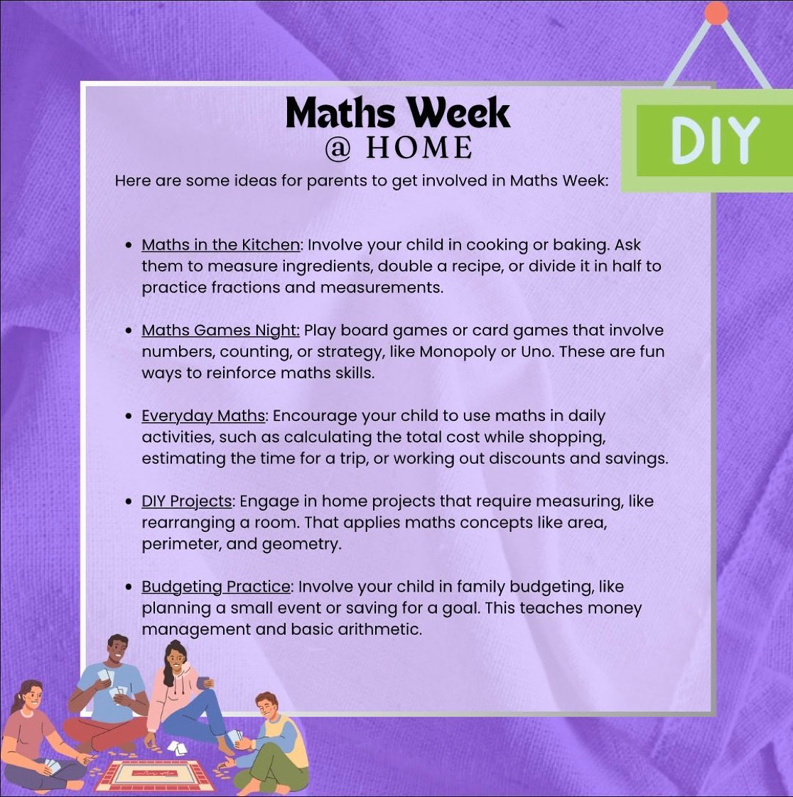 JonesMemorial's tweet photo. 🏡🔢 Maths Week isn’t just in school — it’s at home too!
Here are some fun ideas for families to try.
We’d love to hear all about it! Share your Maths Week fun with us 💡@jonesmemorialps
#MathsWeekie #InvNum #jmpsfamilies https://t.co/A1pqZEE9Nr