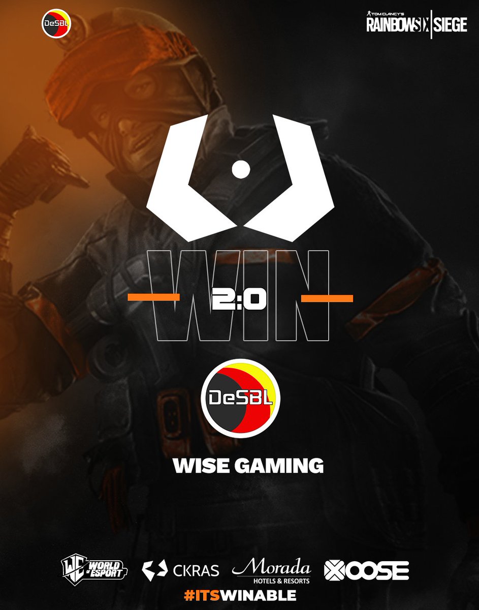#RESULTS #RainbowSix Main Team  

🌎<a href="/DeSBLR6/">DeSBL Rainbow Six</a> [ALL] Ultimate League #3 
🆚WISE Gaming 

ITS A FREE WIN !  GGWP

 Powered by:

<a href="/myckras/">CKRAS.com</a> 
<a href="/XOOSEtweet/">XOOSE.de</a>
morada.de
<a href="/WOEbootcamp/">WORLD OF ESPORT</a> 

#itsWinable