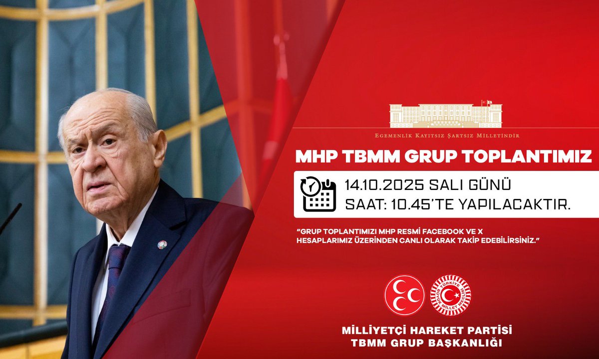 Ahmet Yiğit Yıldırım (@ayyildirim1) on Twitter photo MHP TBMM Grup Toplantımız #14Ekim2025 Salı günü (Yarın) Saat:10.45'te yapılacaktır.
MHP TBMM GRUP BAŞKANLIĞI
<a href="/MhpTbmmGrubu/">MHP TBMM Grubu #MHP</a> MHP TBMM Grup Toplantımız #14Ekim2025 Salı günü (Yarın) Saat:10.45'te yapılacaktır.
MHP TBMM GRUP BAŞKANLIĞI
<a href="/MhpTbmmGrubu/">MHP TBMM Grubu #MHP</a>