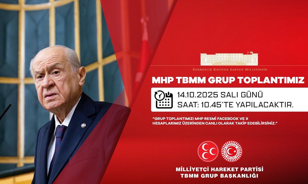 MHP TBMM Grup Toplantımız #14Ekim2025 Salı günü (Yarın) Saat:10.45'te yapılacaktır.

MHP TBMM GRUP BAŞKANLIĞI
<a href="/MhpTbmmGrubu/">MHP TBMM Grubu #MHP</a>