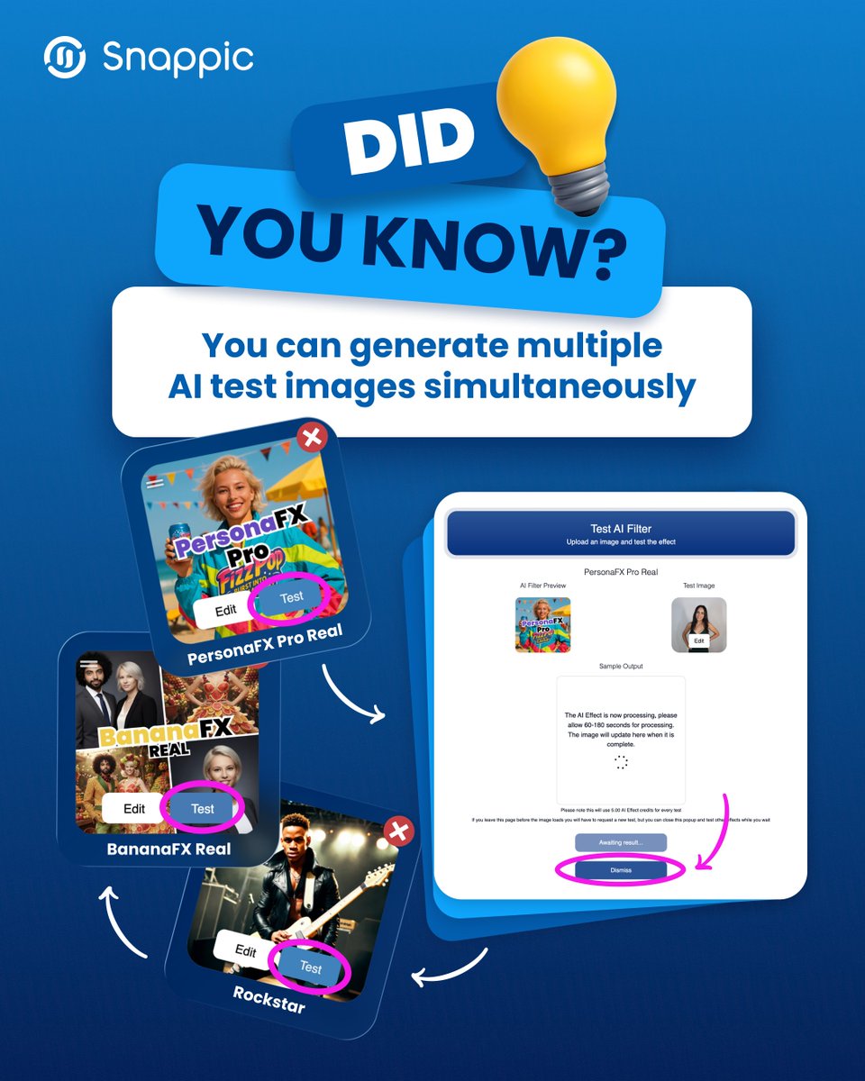 SnappicBooth's tweet image. 🚀 Did you know? You don’t have to wait between AI Filter Tests!
Quickly test filters in Snappic’s AI Filter Library &amp;amp; preview them faster. 💡

Full steps 👉 facebook.com/SnappicBooth/
Try Snappic free for 14 days: snappic.lpages.co/snappic-sign-u…