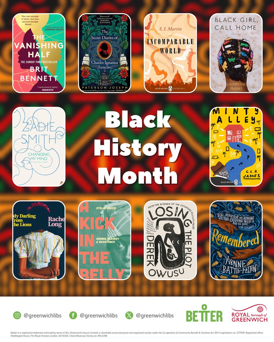 GreenwichLibs's tweet image. October is #BlackHistoryMonth where we celebrate the culture and heritage of authors from the black diaspora in literature! 🌍 Use your #Greenwich #Library card + PIN to reserve here: bit.ly/3Ew1YFL to collect at your chosen library, or use #Libby! 📚 #LoveYourLibrary