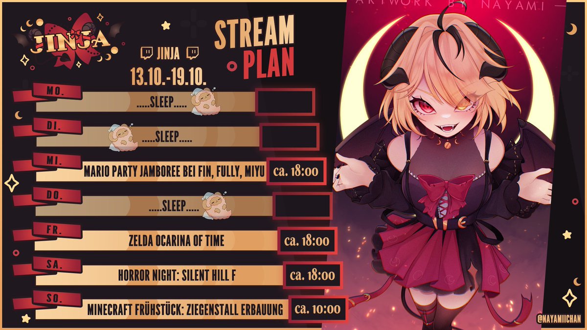 Jinjaowo's tweet image. 🗓️ Streamplan 🗓️
Hallo, dies ist ein Plan, ich wiederhole, EIN PLAN!!

🔥 MI ➜ Mario Party mit coolen Nudeln!
🔥 FR ➜ Retten wir eine Jungfrau in Nöten 😚
🔥 SA ➜ Ich &amp;amp; mein Rohr 🥰
🔥 SO ➜ Ziegenstallbau am Morgen vertreibt Kummer &amp;amp; Sorgen 🐐