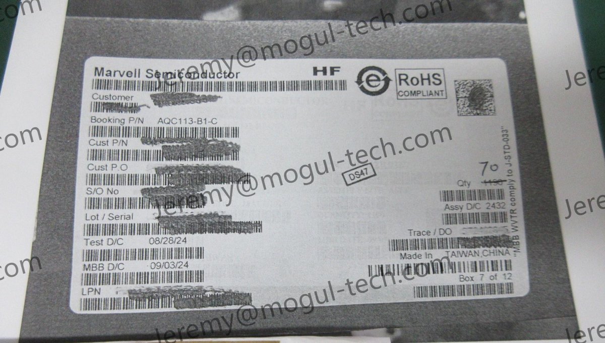 jeremy_ling0755's tweet image. Brand: Marvell Technology Group Ltd.
⚡ Key Features:
• Model: AQC113-B1-C
• Speeds: 10G/5G/2.5G/1GbE
• Interface: PCIe Gen4 x4
• Package: 224-pin FCBGA (12x14mm)
• Temperature: Commercial Grade
📧 Email: Jeremy@mogul-tech.com
#Marvell #EthernetController #MultiGig #10GbE