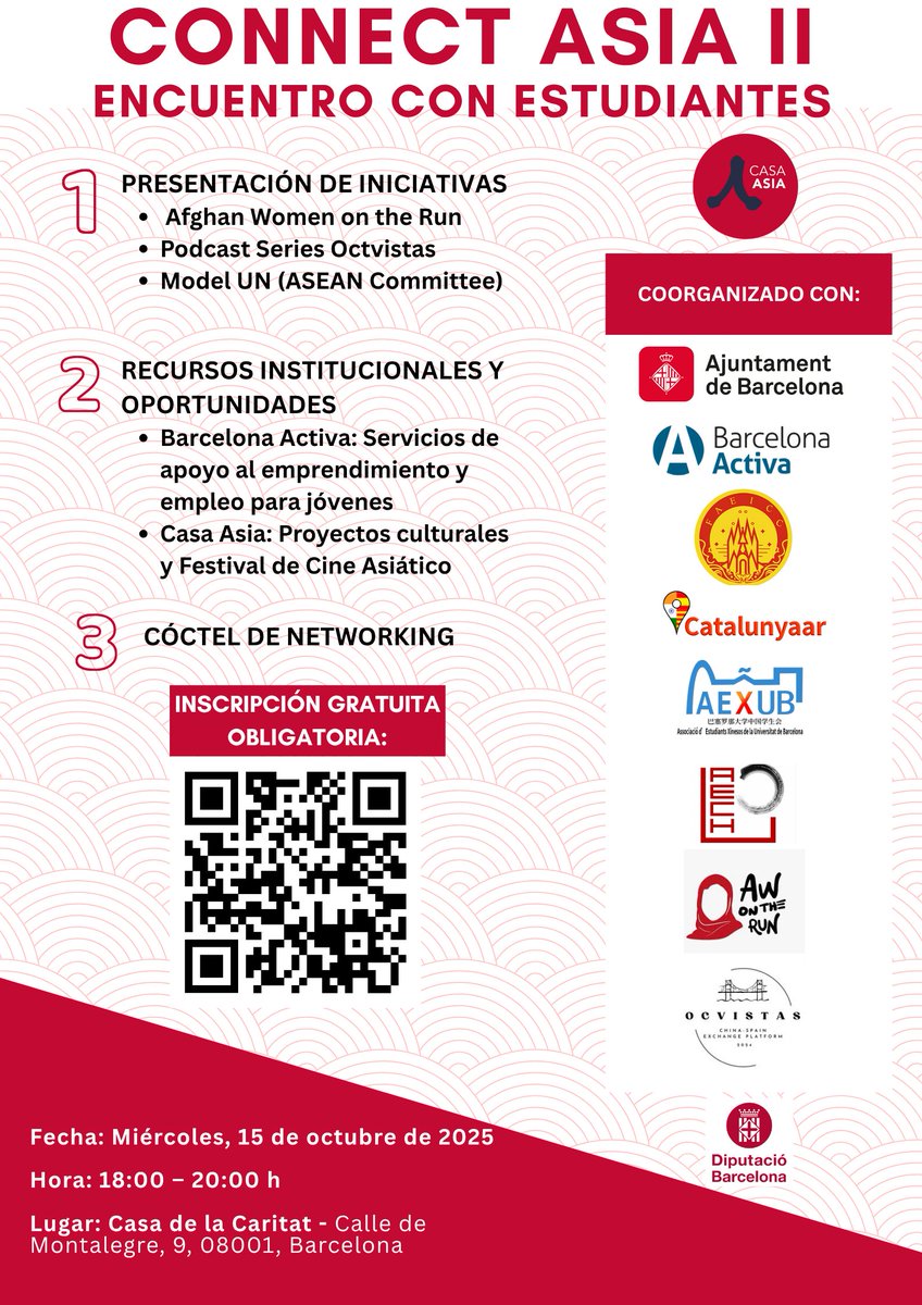 CasaAsia's tweet photo. 🎓 II CONNECT ASIA | Encuentro con estudiantes

🤗 Tras el éxito de la primera edición, #ConnectAsia regresa con un nuevo espacio de encuentro entre jóvenes y estudiantes asiáticos de #Barcelona y jóvenes interesados en #Asia.

🎯 El objetivo: compartir experiencias, descubrir oportunidades formativas, profesionales, culturales y sociales, y fortalecer los lazos entre comunidades

📍 Casa de la Caritat - #Barcelona
📅 Miércoles, 15 de octubre de 2025
🕕 18:00 – 20:00 h

✨ En el programa:
🔸 Presentación de iniciativas como Afghan Women on the Run, Ocvistas Podcast o Model UN (ASEAN Committee)
🔸 Recursos institucionales y oportunidades con Barcelona Activa y Casa Asia
🔸 Networking con para conectar y crear nuevas redes

🌏 Conocerás proyectos inspiradores, recursos de apoyo, y espacios de networking.

🎟️ ¡Quedan pocas plazas! Inscripción gratuita en:
https://t.co/UtpTOTk7mk

📣 Un evento coorganizado por @CasaAsia, @bcn_ajuntament, @barcelonactiva y asociaciones de jóvenes asiáticos en Barcelona.