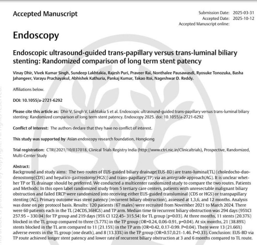 Our International multicentre randomized study shows that stent patency with EUS-antegrade stenting is better than that with EUS-CDS or EUS-HGS