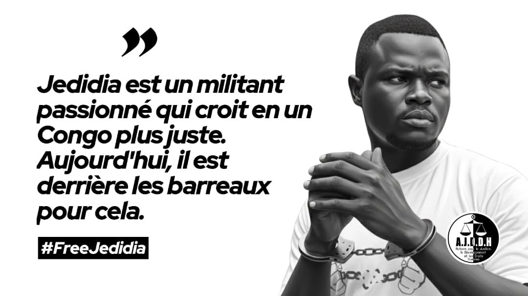 #Kisangani
Nous continuons à exiger la libération de notre directeur exécutif, <a href="/jedidia_mabela/">Jedidia Mabela</a> , condamné injustement à 6 mois de prison par le tribunal de paix de Makiso le 2 octobre dernier. 
#FreeJedidia
