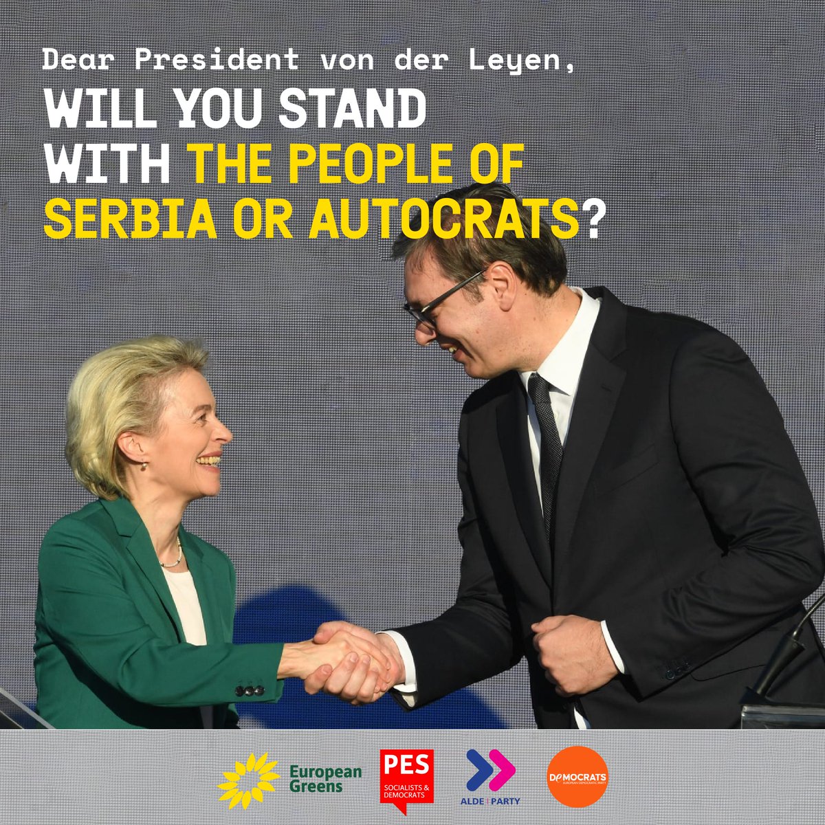 PES_PSE's tweet image. President Vučić has been repressing protestors, including using violence, for almost a year.
Tomorrow President Von der Leyen is visiting Serbia.
We fear that President Vučić will use her visit to claim that he has the support of European partners.
We must not reward autocrats.…