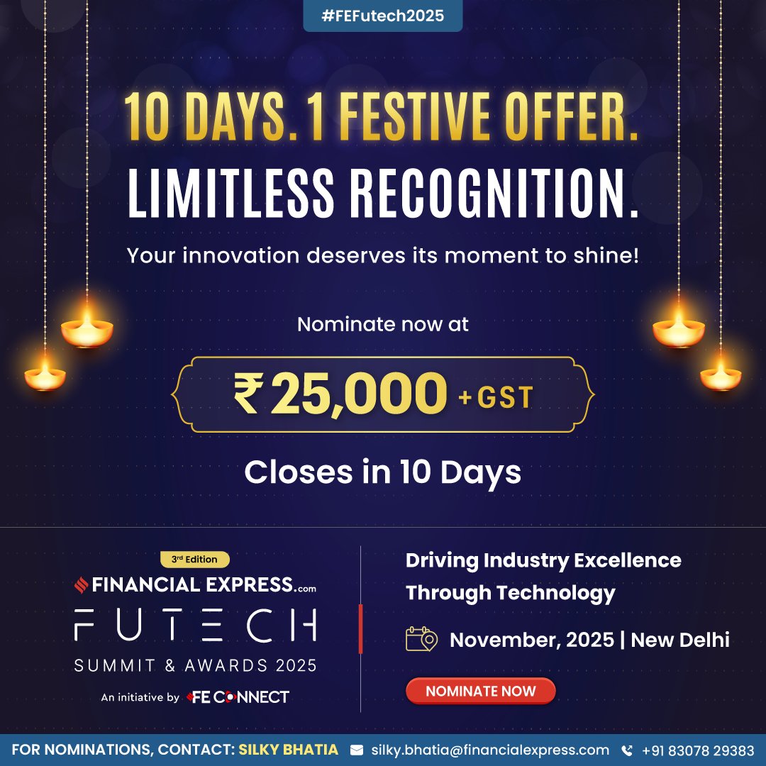 FE_Connect's tweet image. Avail the limited-time festive offer - nominate your technology-driven success at ₹25,000 + GST.

Closes in 10 days.

📍 November 2025 | New Delhi
🔗Nominate today: shorturl.at/HgYNP

#FEFuTech2025 #FEFutechAwards2025 #DiwaliOffer #FEConnect #Awards