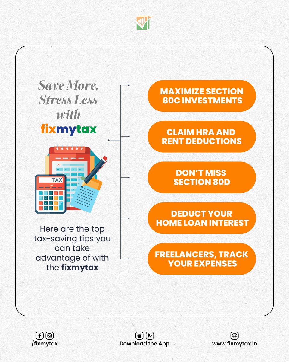 fixmytaxin's tweet image. Save more, stress less! Maximize your savings with our top tax tips: 80C investments, HRA, 80D, home loan interest, and expense tracking for freelancers. Get expert tax help with fixmytax.

#taxsavingtips #section80c #hrareduction #fixmytax #incometax