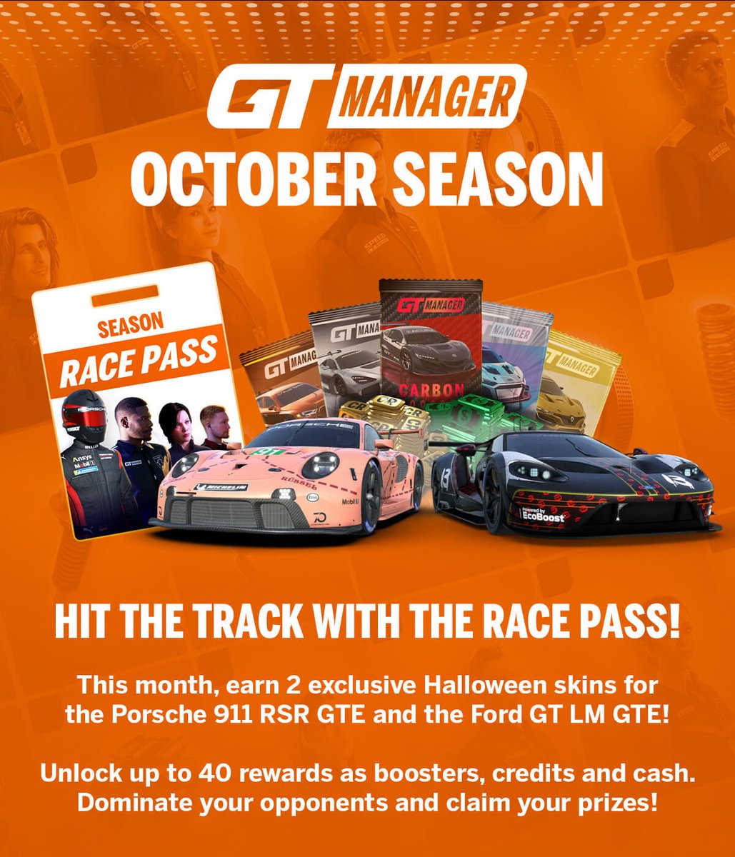 🏎️ The October Season is here in #GTManager !
🎃 Unlock 2 exclusive Halloween skins for the Porsche 911 RSR GTE &amp; Ford GT LM GTE.
🔥 Earn up to 40 rewards with the Race Pass!
➡️ Ready to dominate the track ?