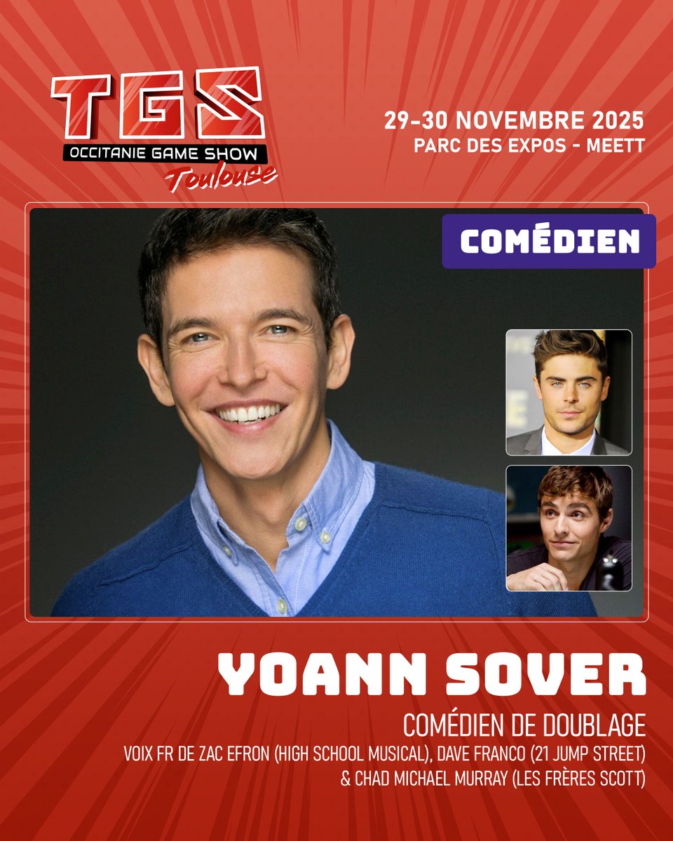 🎤 Yoann Sover débarque au #TGSToulouse !

Voix FR de Zac Efron, Dave Franco, Chad Michael Murray, Simon Helberg... 🎬
Ex-présentateur de KD2A &amp; Game One, il vous attend pour un week-end de folie :
📸 Dédicaces, 🎙️ conférences et + encore !

#doublage #TGS #Toulouse #voixoff