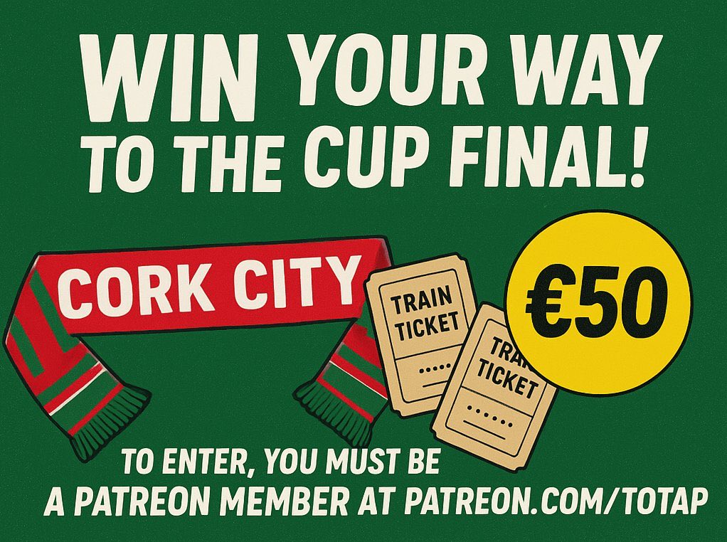 The draw is today ! 

We have a fantastic prize for any members of our Patreon.com/totap

2x Premium Level Tickets
2x Train tickets
€50 cash to spend

#CCFC84 #TOTAP #RebelArmy #FAICup