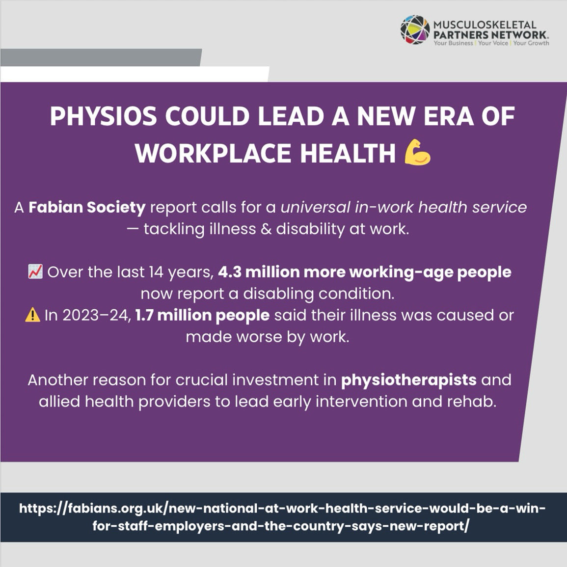 Physios could lead a new era of workplace health 💪 

fabians.org.uk/new-national-a…  
 
#Physiotherapy #PrivatePractice #OccupationalHealth #WorkplaceWellbeing