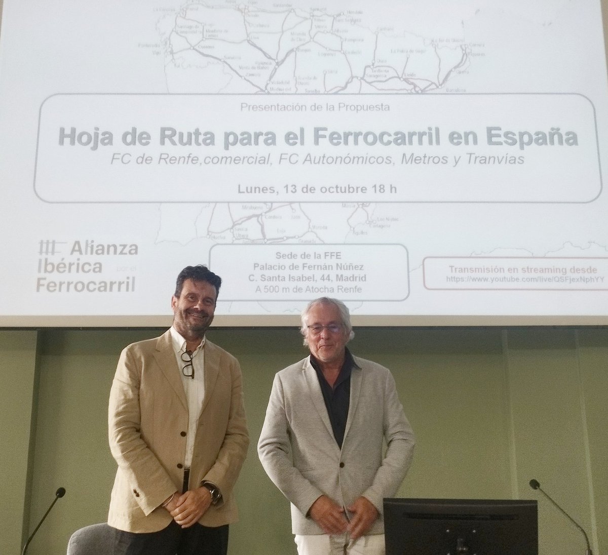 Pau Noy y Rafael García representando la AIF en la rueda de prensa en Madrid, FFE, en la que se ha presentado a los medios el documento Hoja de Ruta del Ferrocarril en España.