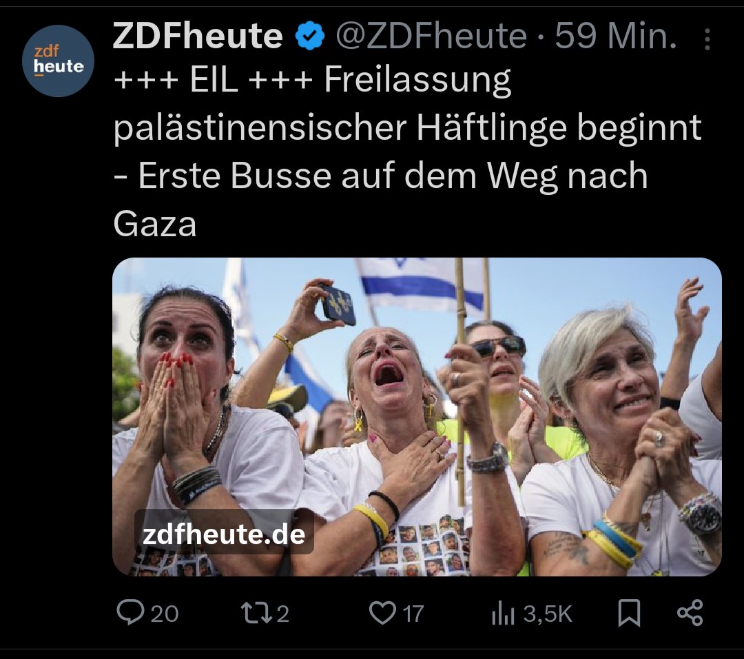 Sagt mal <a href="/ZDFheute/">ZDFheute</a>, habt ihr den Verstand verloren?

Ihr gebt die Meldung raus dass palästinensische #Terroristen und Mörder freigelassen werden mussten und zeigt dazu ein Bild jubelnder Israelis?

OB IHR KOMPLETT WAHNSINNIG GEWORDEN SEID HAB ICH GEFRAGT!