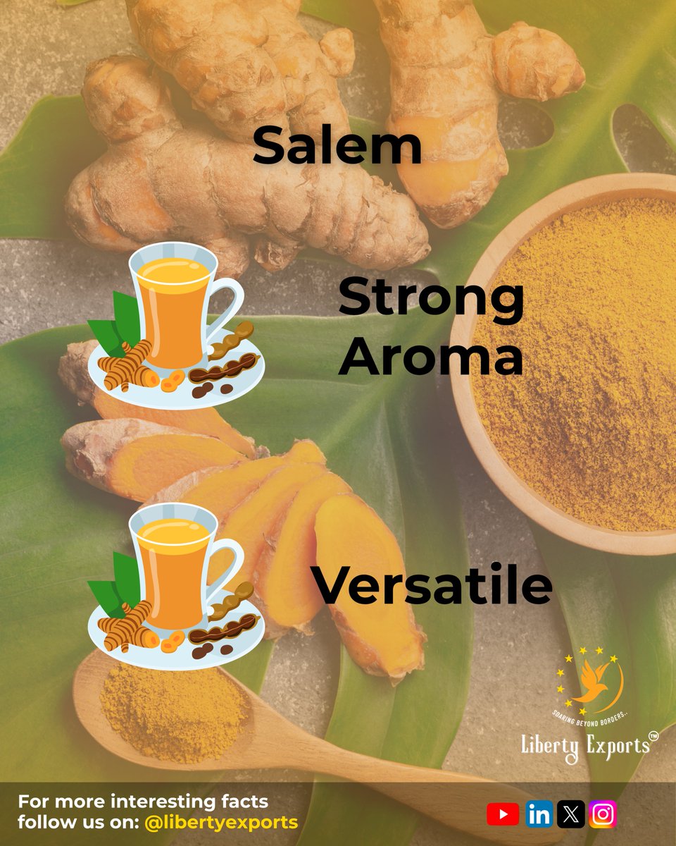 LibertyExports's tweet image. Liberty Exports supplies premium Indian turmeric.
🌿 Varieties: Alleppey, Salem, Rajapore.
#Turmeric #SpiceExport #KnowYourProduct #LibertyExports #haldi #salem #alleppey #rajapore