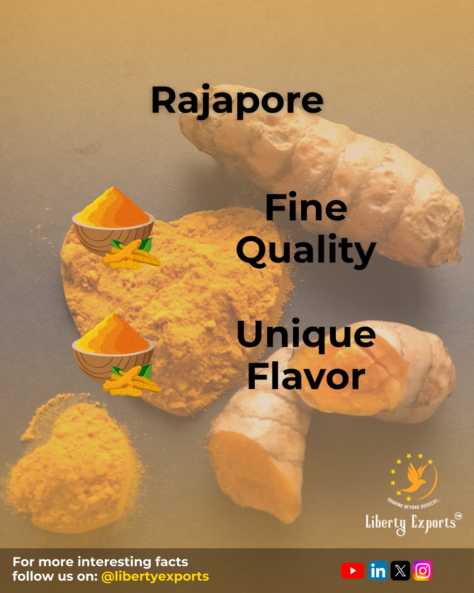 LibertyExports's tweet image. Liberty Exports supplies premium Indian turmeric.
🌿 Varieties: Alleppey, Salem, Rajapore.
#Turmeric #SpiceExport #KnowYourProduct #LibertyExports #haldi #salem #alleppey #rajapore