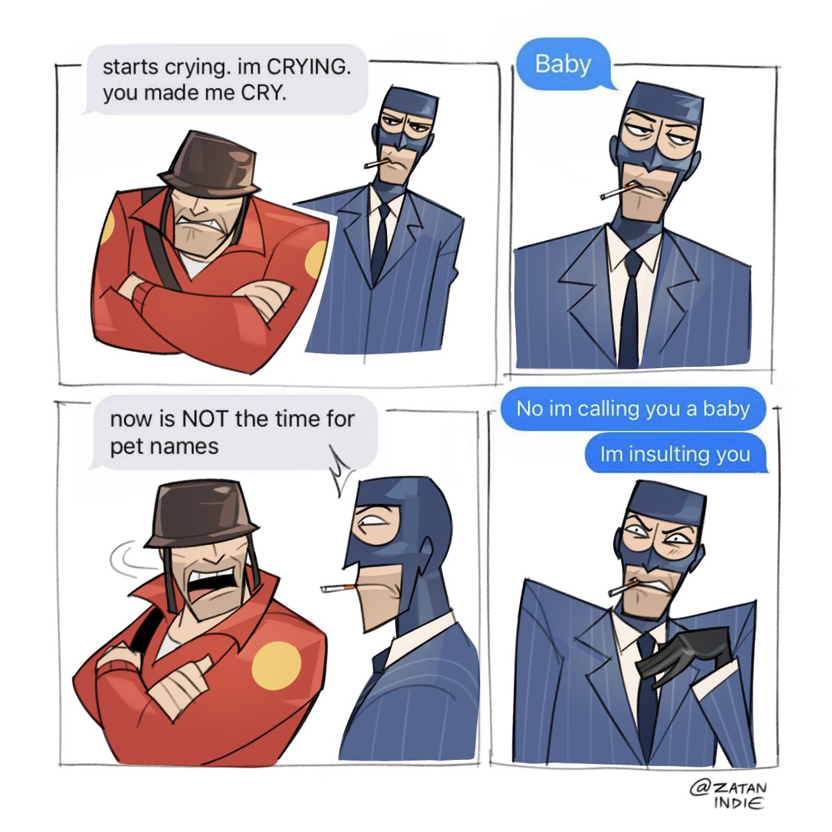 zatan_indie's tweet image. found this text chat on pinterest, thought it fit them

#soldierspy #freedomfries #tf2soldier #tf2spy
