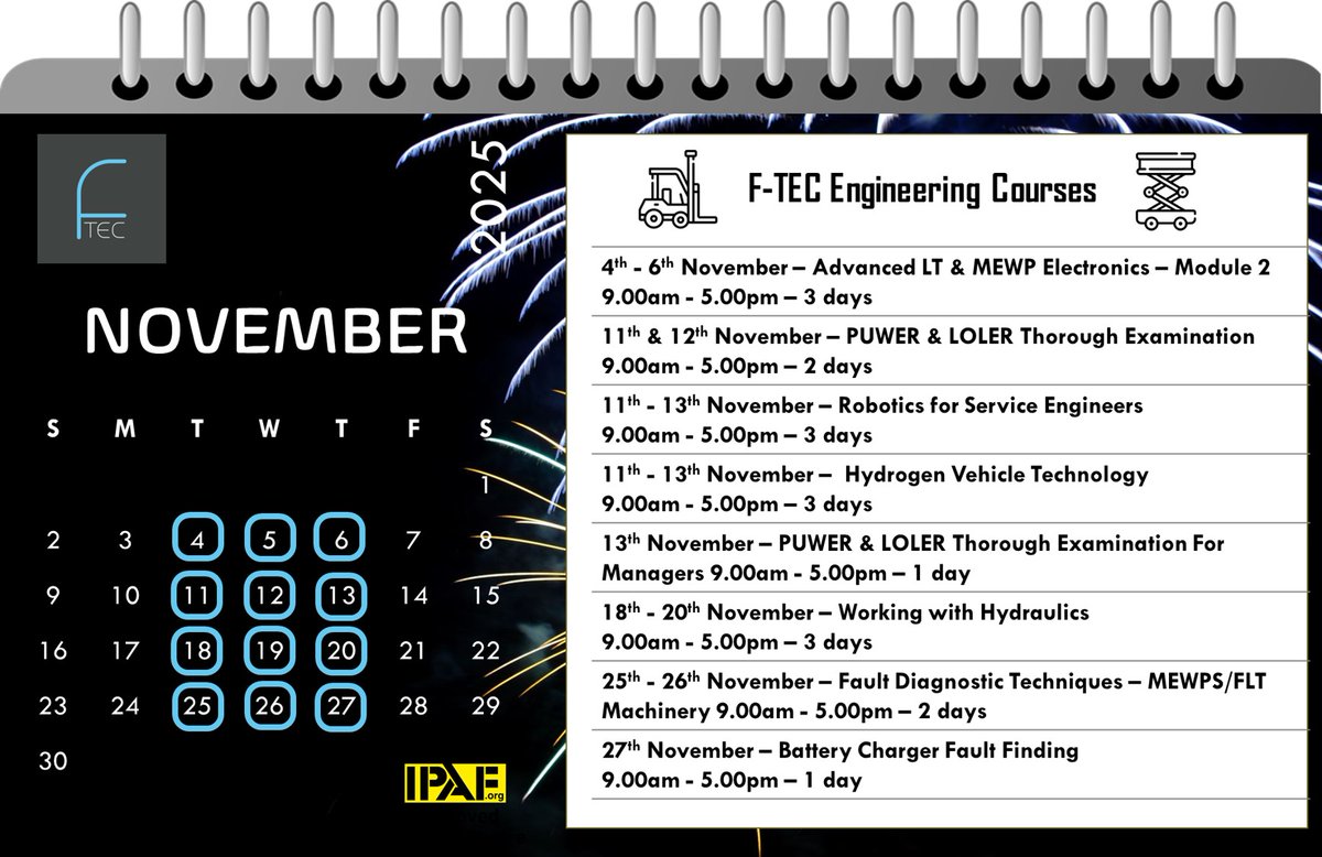 FTEC_TRAINING's tweet image. Next month we have a packed calendar of forklift and powered access engineering courses covering a range of subjects including electronics, robotics &amp;amp; hydrogen and hydraulics! We also have our IPAF approved operator training running,

#FTEC #EngineerTraining @IPAForg