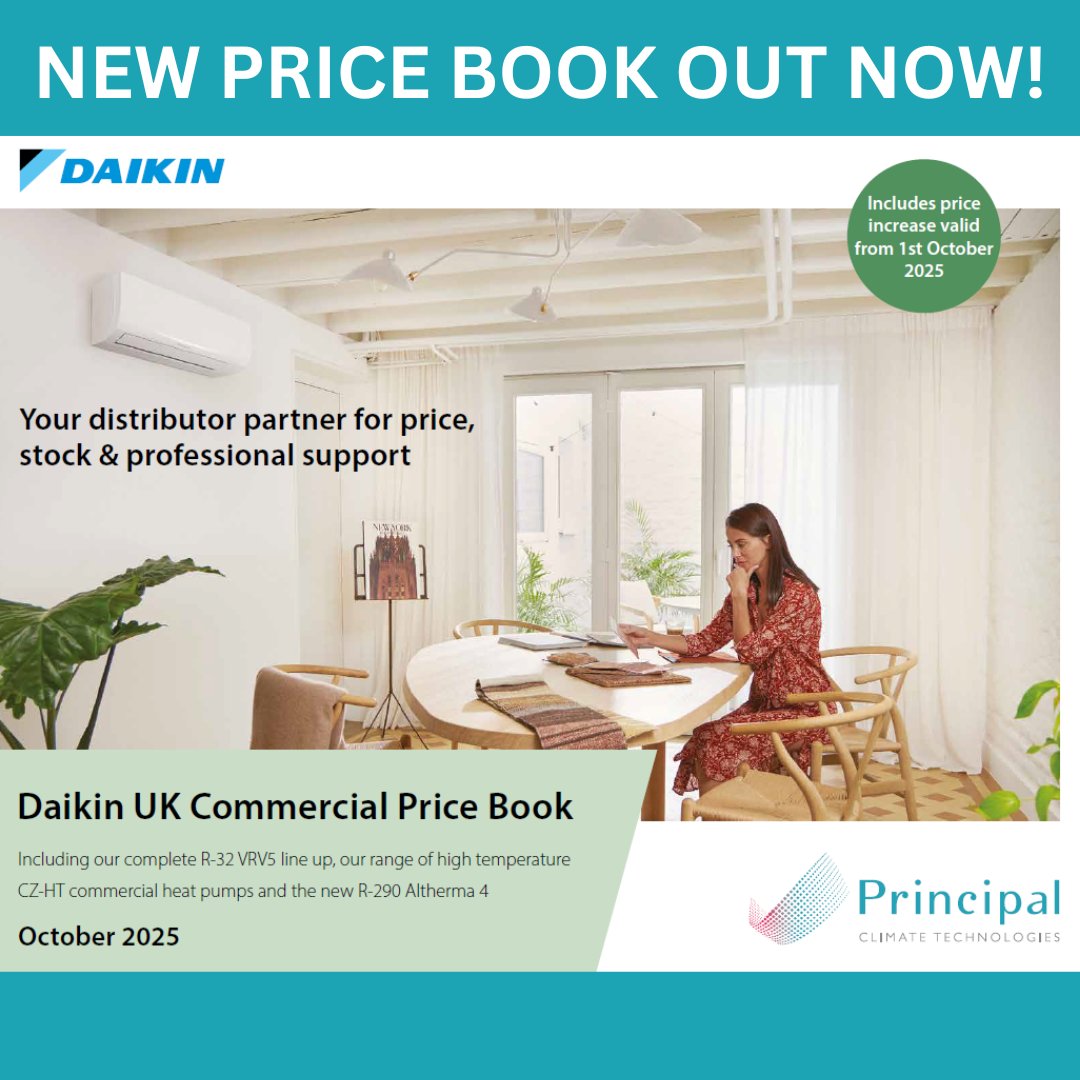PrincipalClima1's tweet image. Our new OCTOBER 2025 PRICE BOOK is out now! Available in a handy digital format or hard copy.

Ask for a copy by emailing info@principalclimate.co.uk or call 01462 435686.

Find out what&apos;s included at
principalclimate.co.uk/news/109/new-p… #daikin #airconditioning #hvac #hvacwholesale