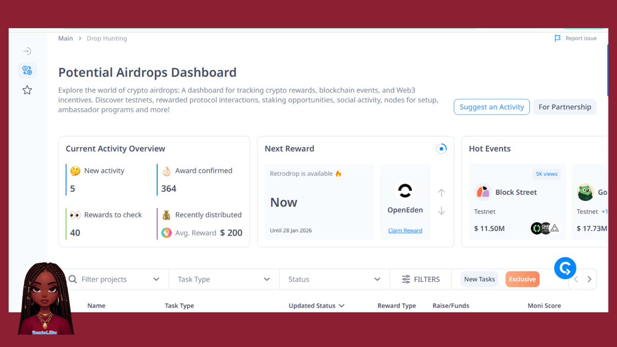airdrops that will cook are not hidden

you only need to find them early!

here’s a simple way to hunt solid airdrops 

🢒 go to [cryptorank.io/drophunting]

you’ll see different airdrops with their project names, task types, funding raised, if the drop’s confirmed, twitter score
